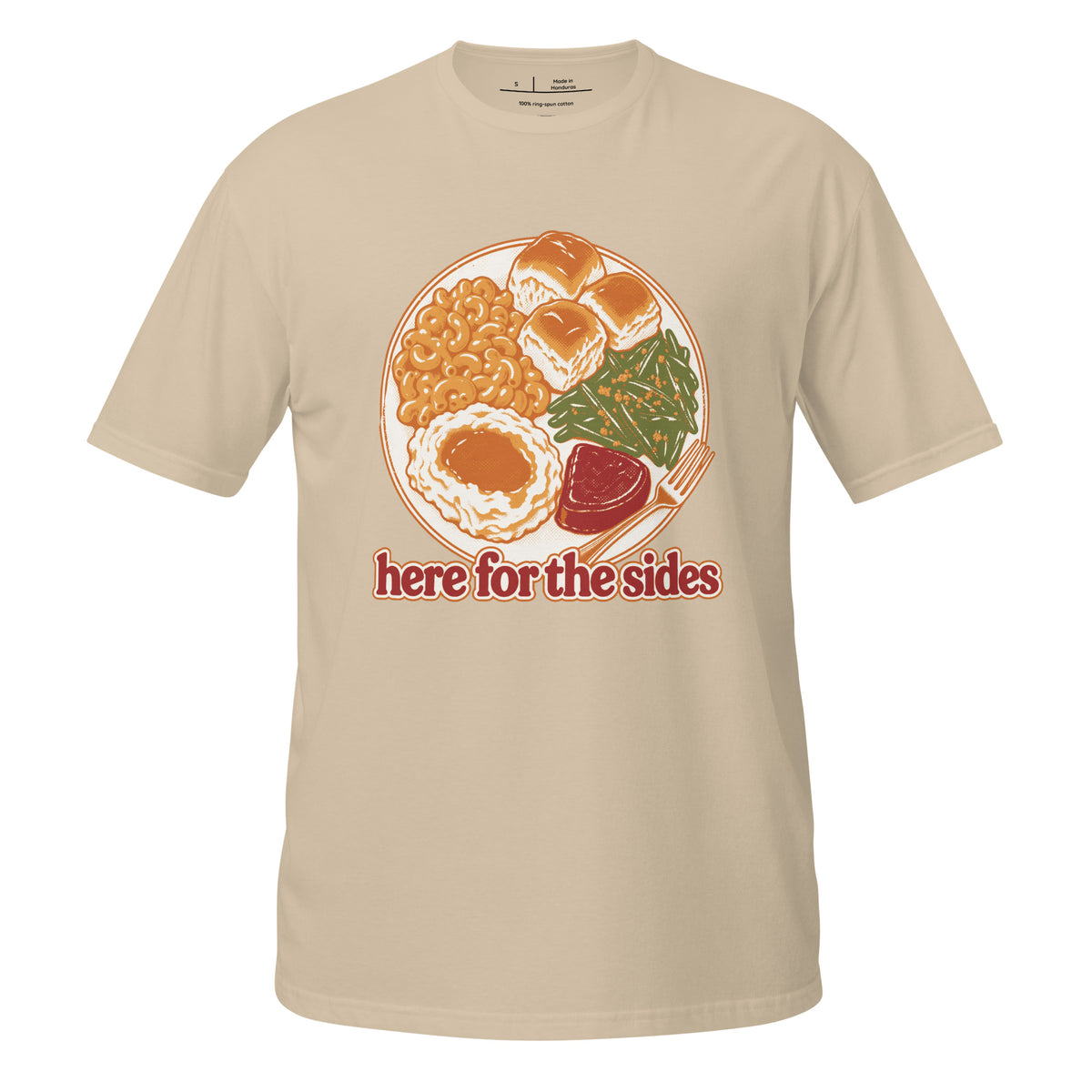 Here for the Sides unisex tee in sand with a retro plate of Thanksgiving sides