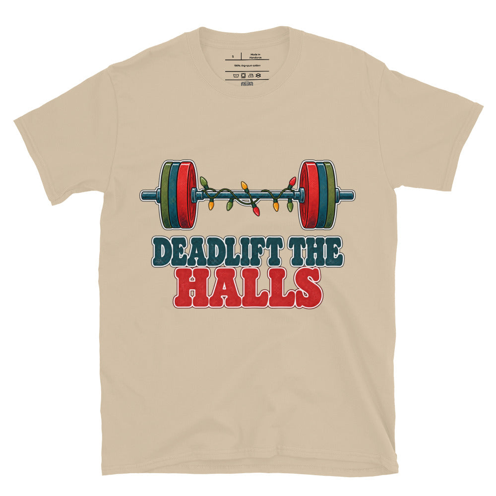 Deadlift the Halls unisex tee in sand with a barbell wrapped in Christmas lights