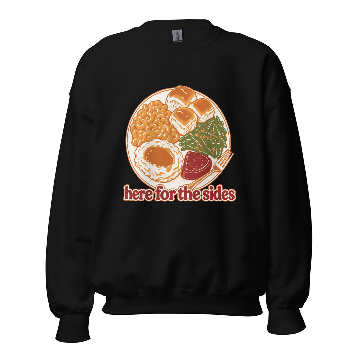 Here for the Sides unisex crewneck in black with a retro plate of Thanksgiving sides