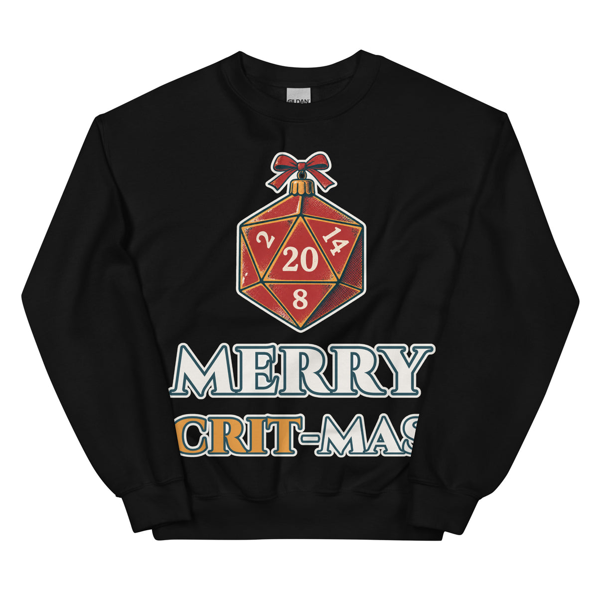 Merry Crit-mas unisex crewneck in black with a d20 Christmas ornament