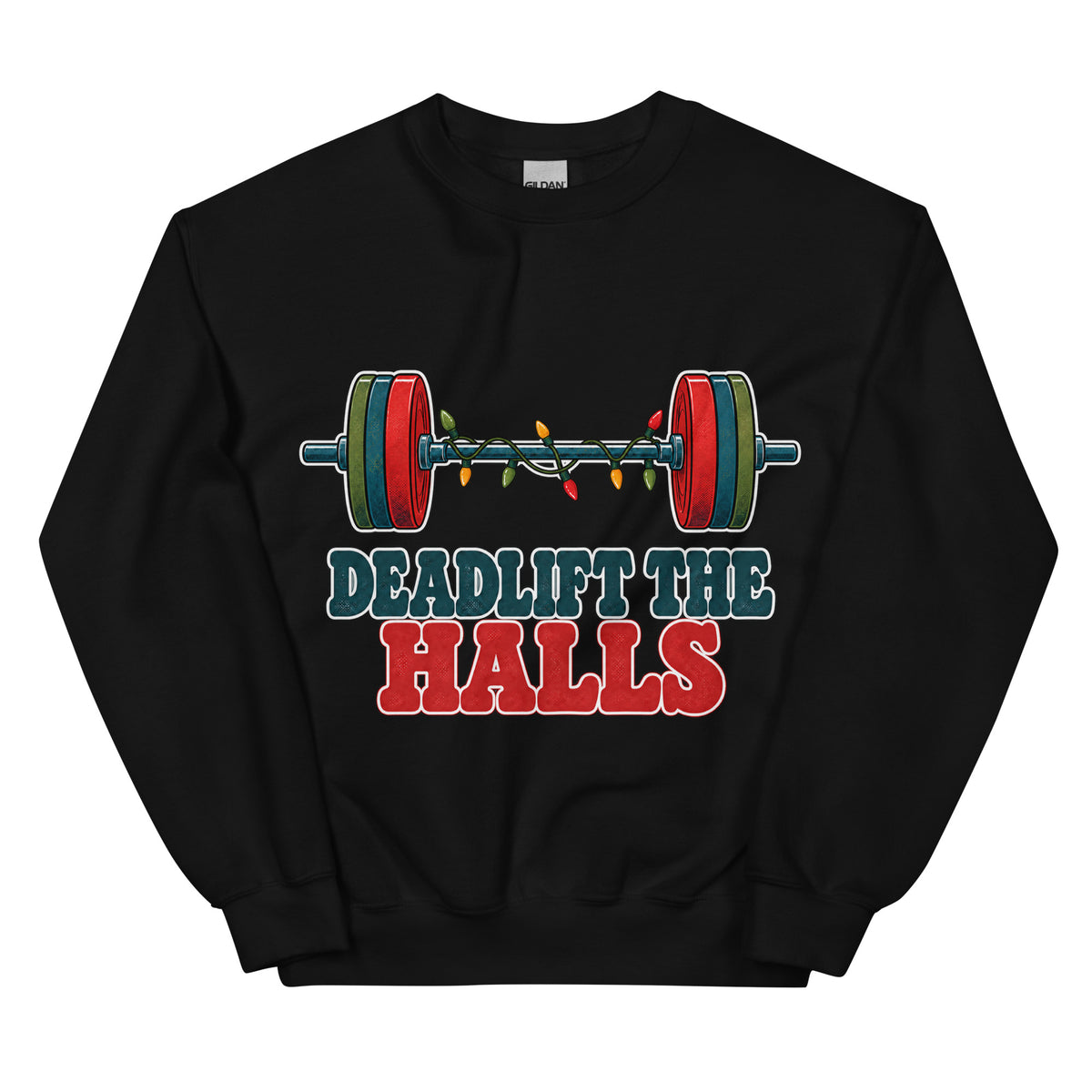 Deadlift the Halls unisex crewneck in black with a barbell wrapped in Christmas lights