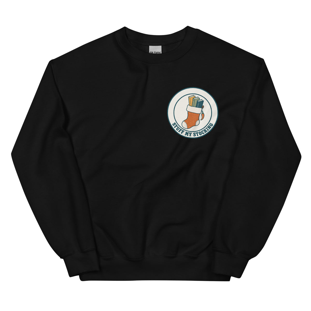 Stuff My Stocking unisex crewneck in black with a Christmas stocking full of books and a chili pepper charm