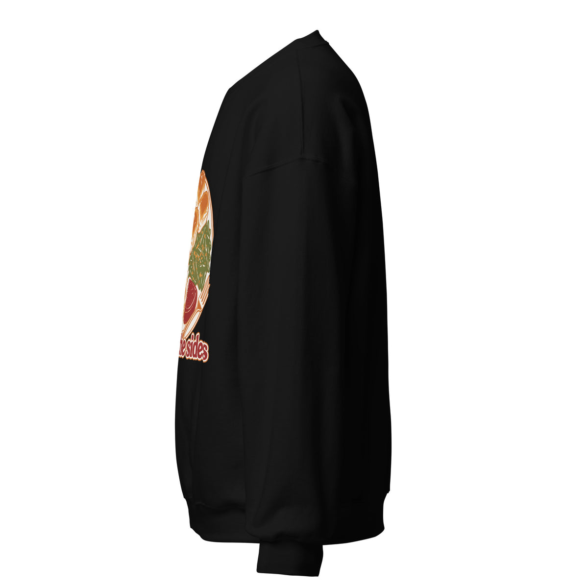 Here for the Sides unisex crewneck in black, left side view