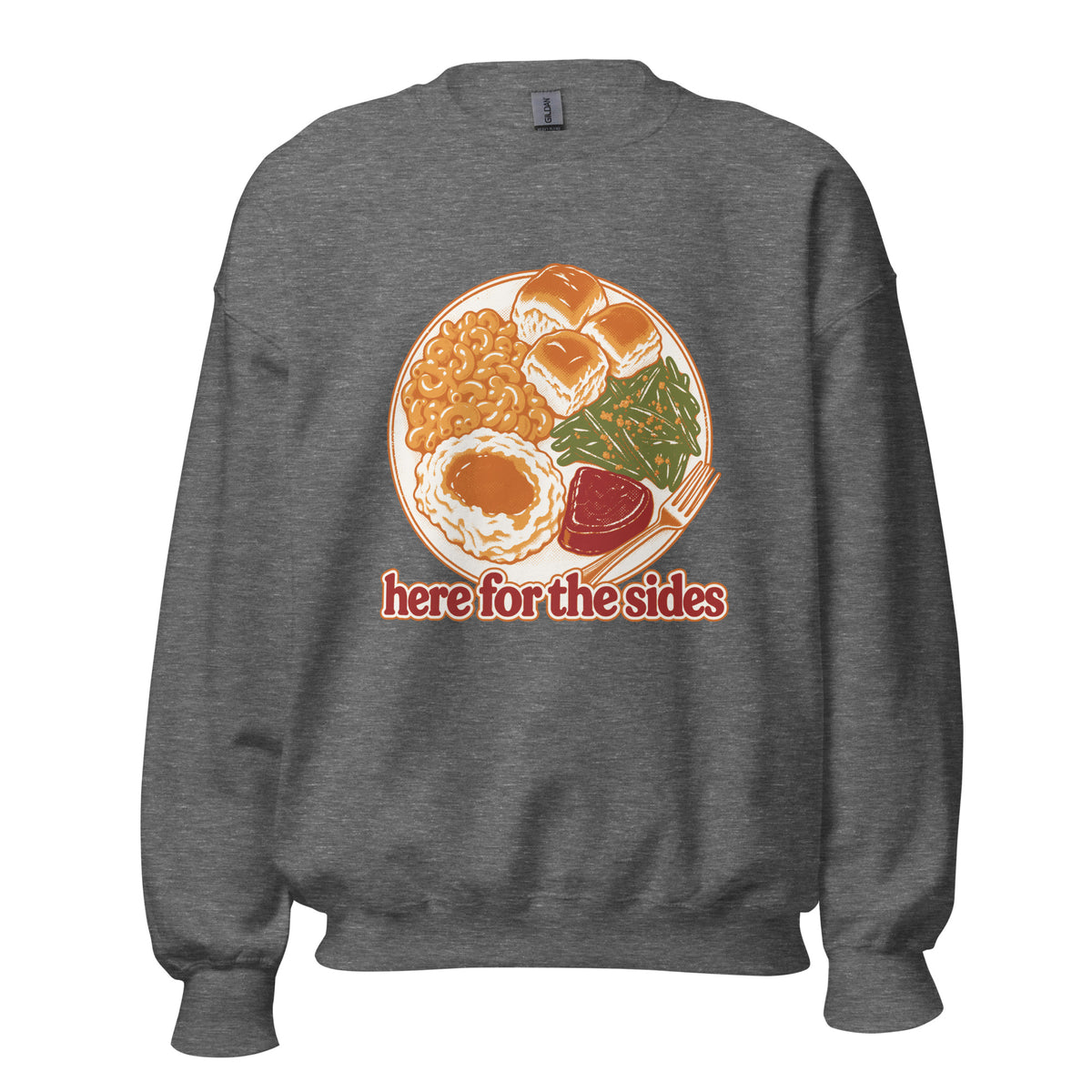 Here for the Sides unisex crewneck in graphite heather with a retro plate of Thanksgiving sides