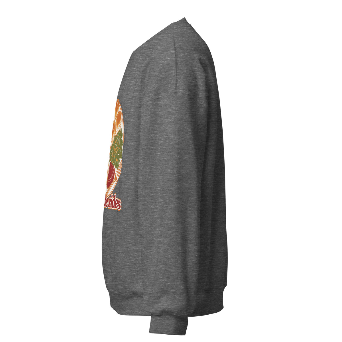 Here for the Sides unisex crewneck in graphite heather, left side view