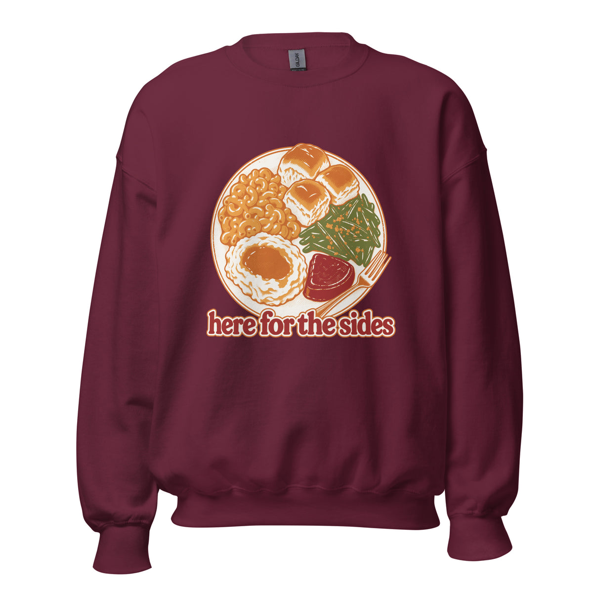 Here for the Sides unisex crewneck in maroon with a retro plate of Thanksgiving sides