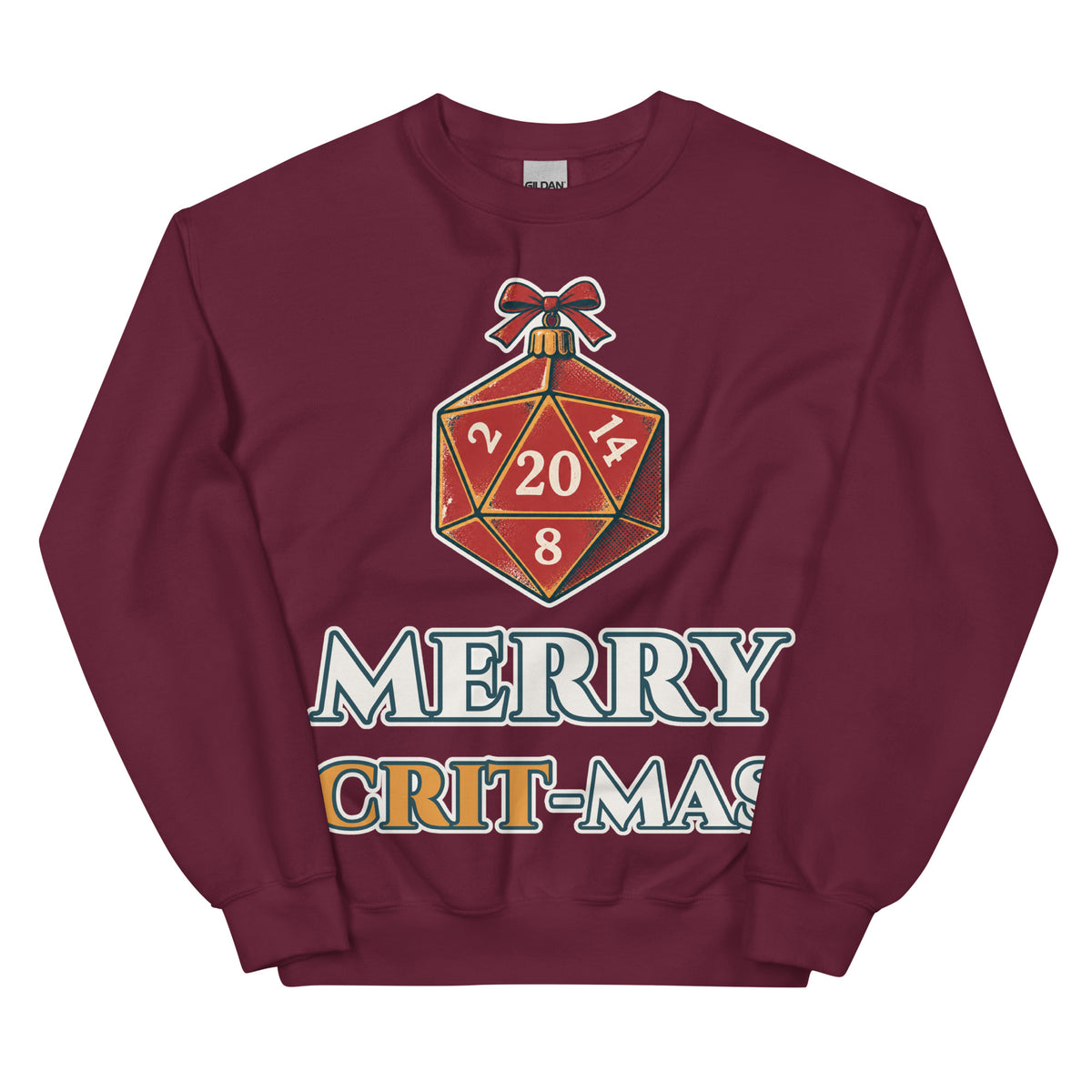 Merry Crit-mas unisex crewneck in maroon with a d20 Christmas ornament