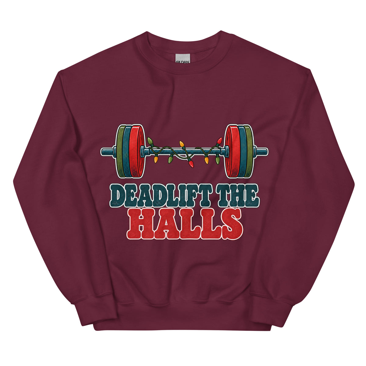 Deadlift the Halls unisex crewneck in maroon with a barbell wrapped in Christmas lights