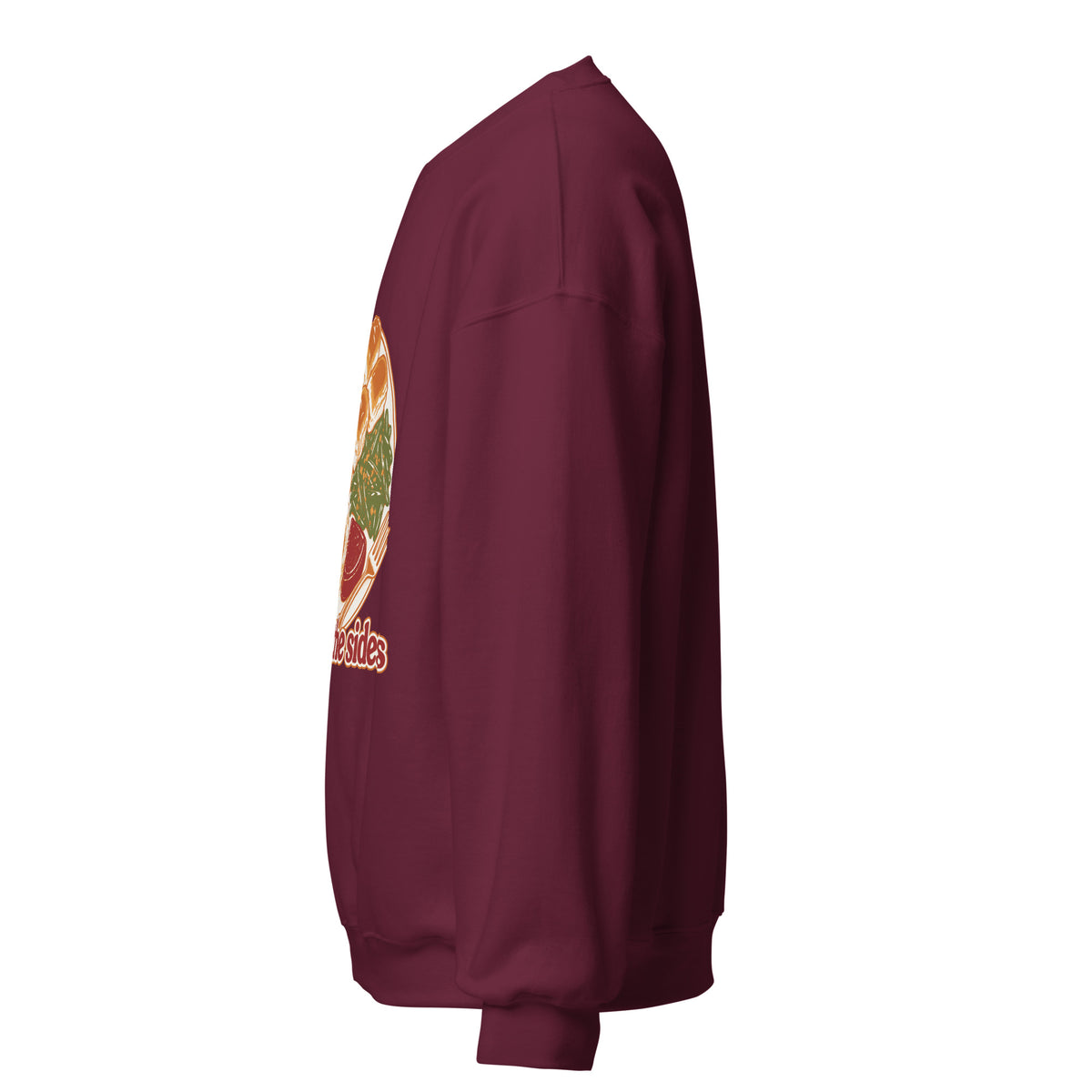 Here for the Sides unisex crewneck in maroon, left side view