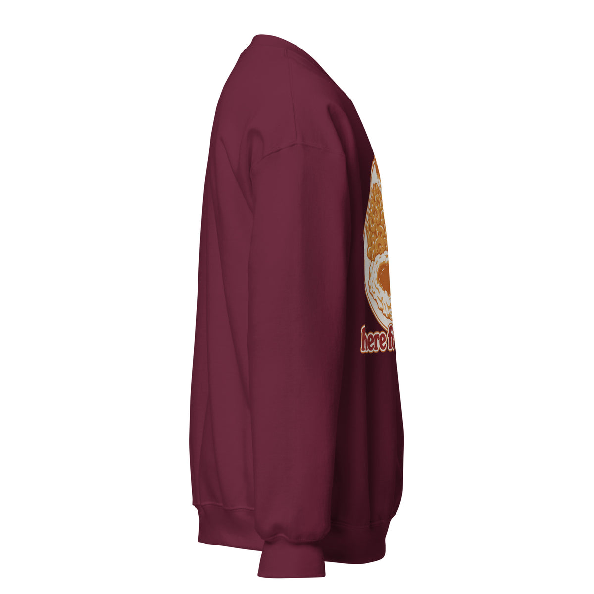 Here for the Sides unisex crewneck in maroon, right side view