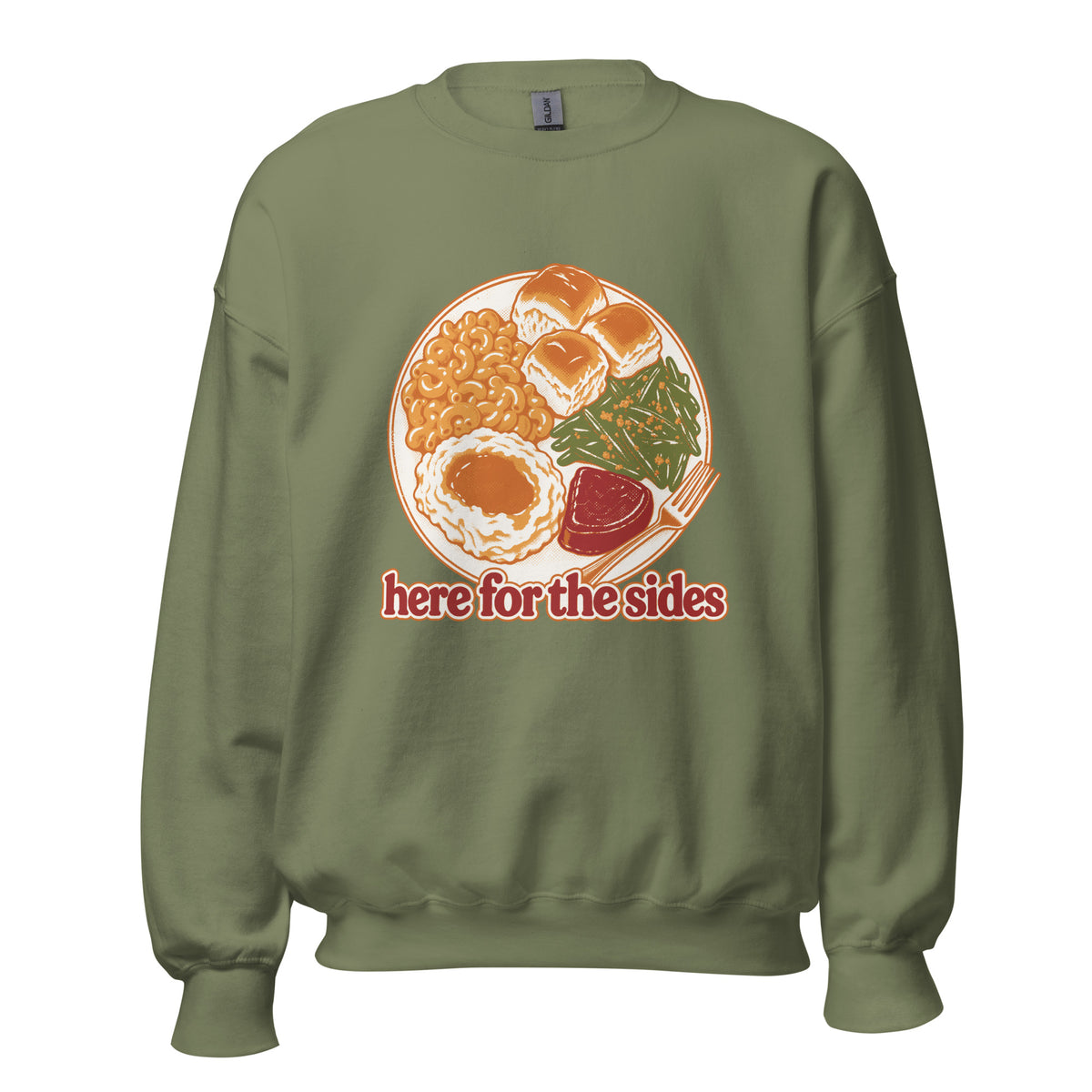 Here for the Sides unisex crewneck in military green with a retro plate of Thanksgiving sides