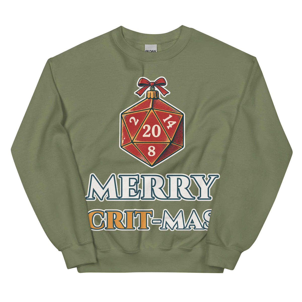 Merry Crit-mas unisex crewneck in military green with a d20 Christmas ornament