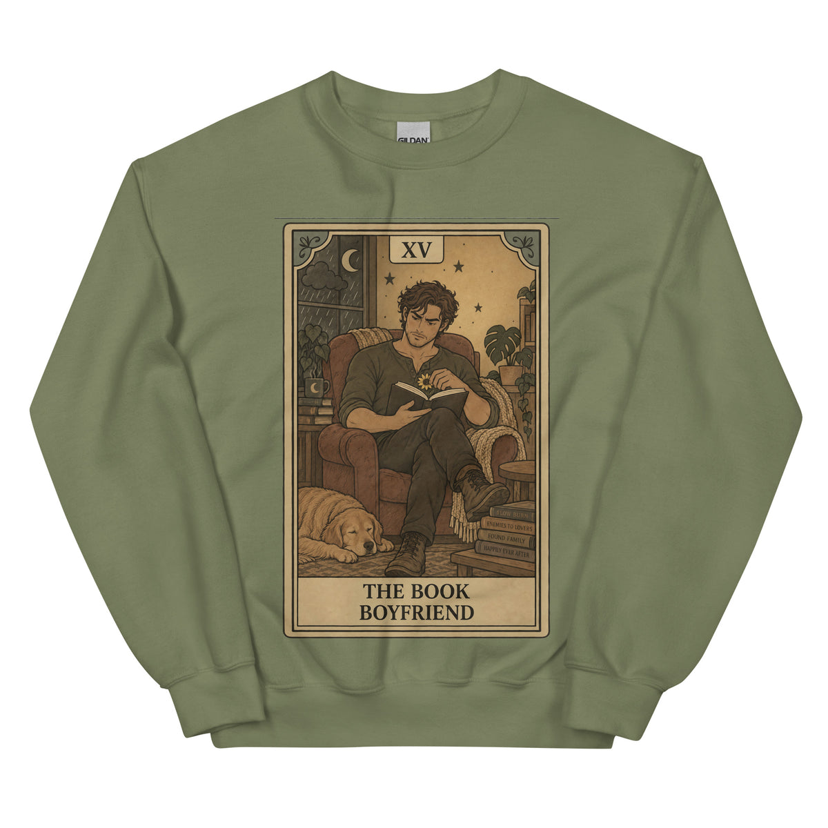 Book Boyfriend tarot card unisex crewneck in military green