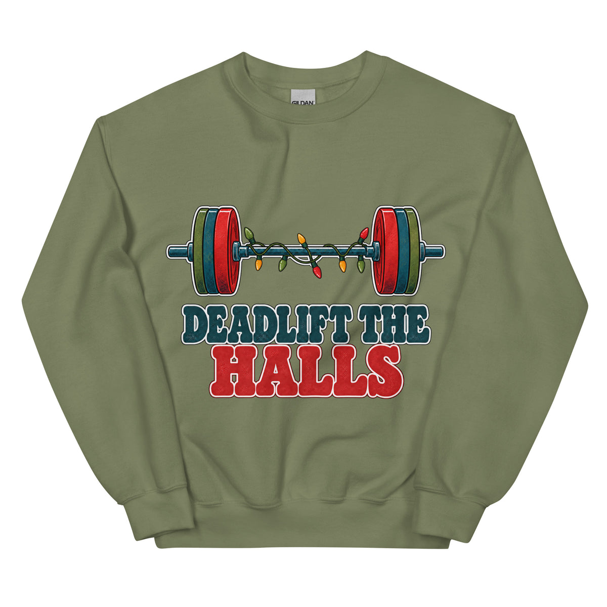 Deadlift the Halls unisex crewneck in military green with a barbell wrapped in Christmas lights