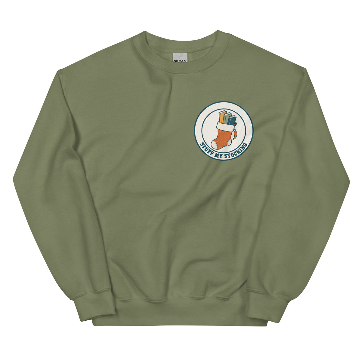 Stuff My Stocking unisex crewneck in military green with a Christmas stocking full of books and a chili pepper charm
