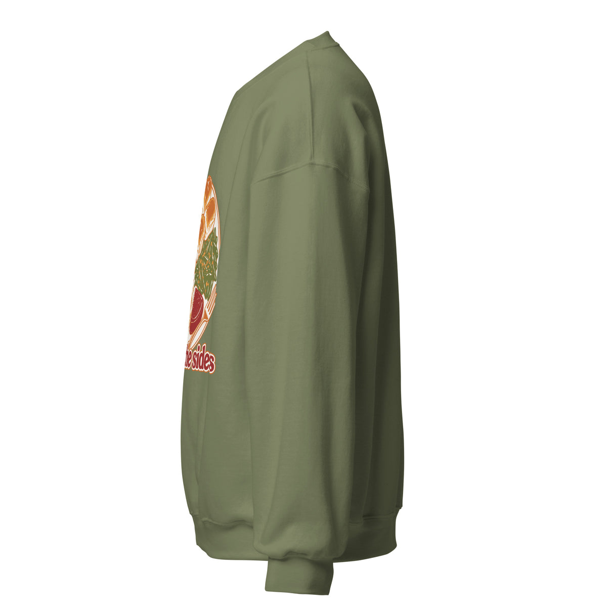 Here for the Sides unisex crewneck in military green, left side view