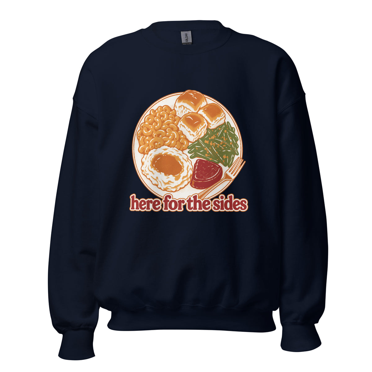 Here for the Sides unisex crewneck in navy with a retro plate of Thanksgiving sides