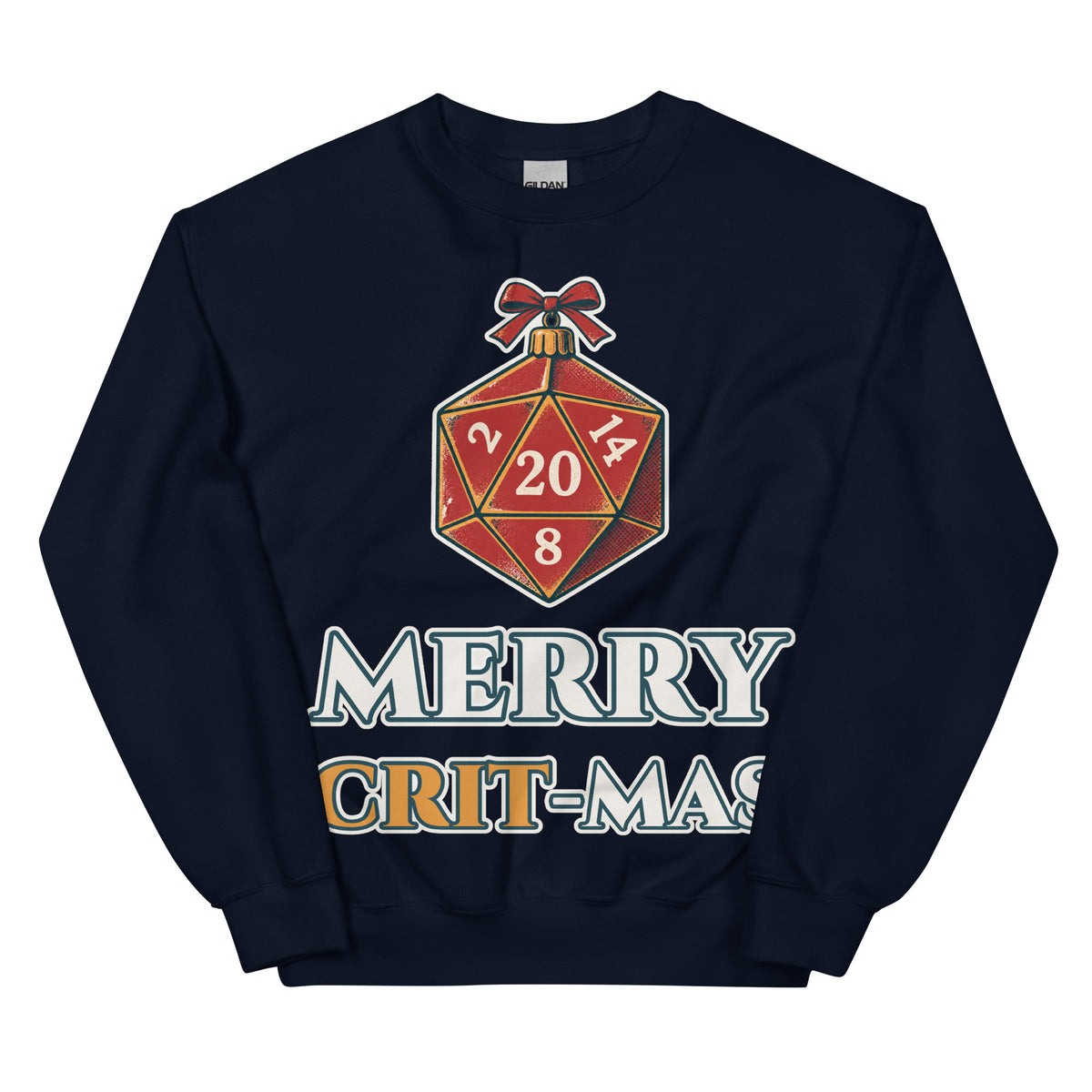 Merry Crit-mas unisex crewneck in navy with a d20 Christmas ornament