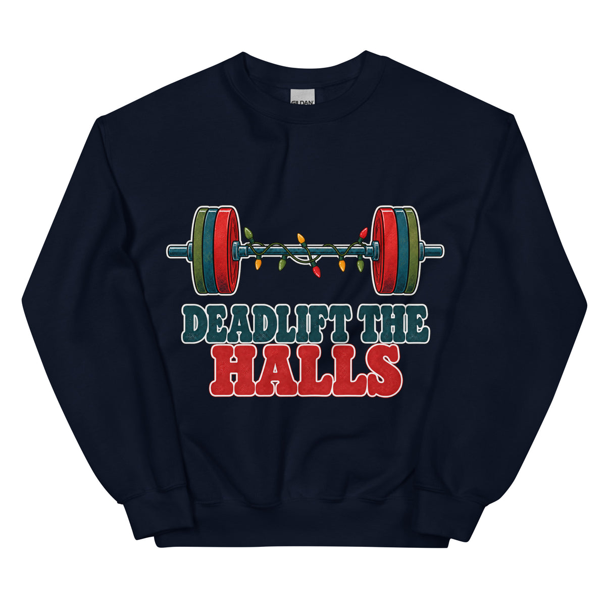 Deadlift the Halls unisex crewneck in navy with a barbell wrapped in Christmas lights