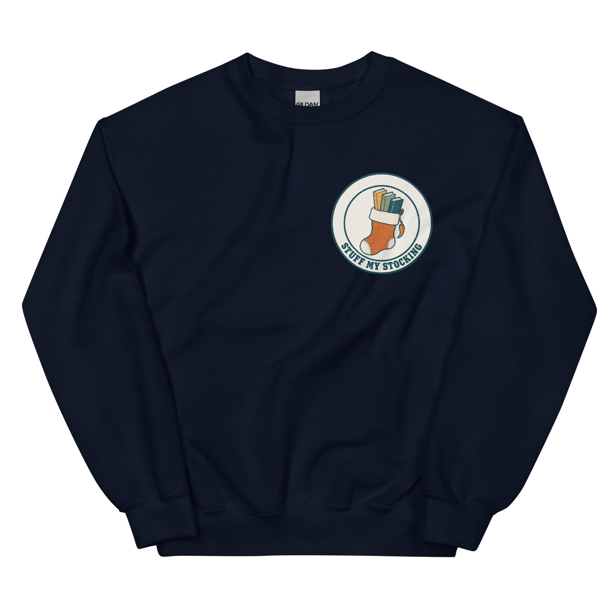 Stuff My Stocking unisex crewneck in navy with a Christmas stocking full of books and a chili pepper charm