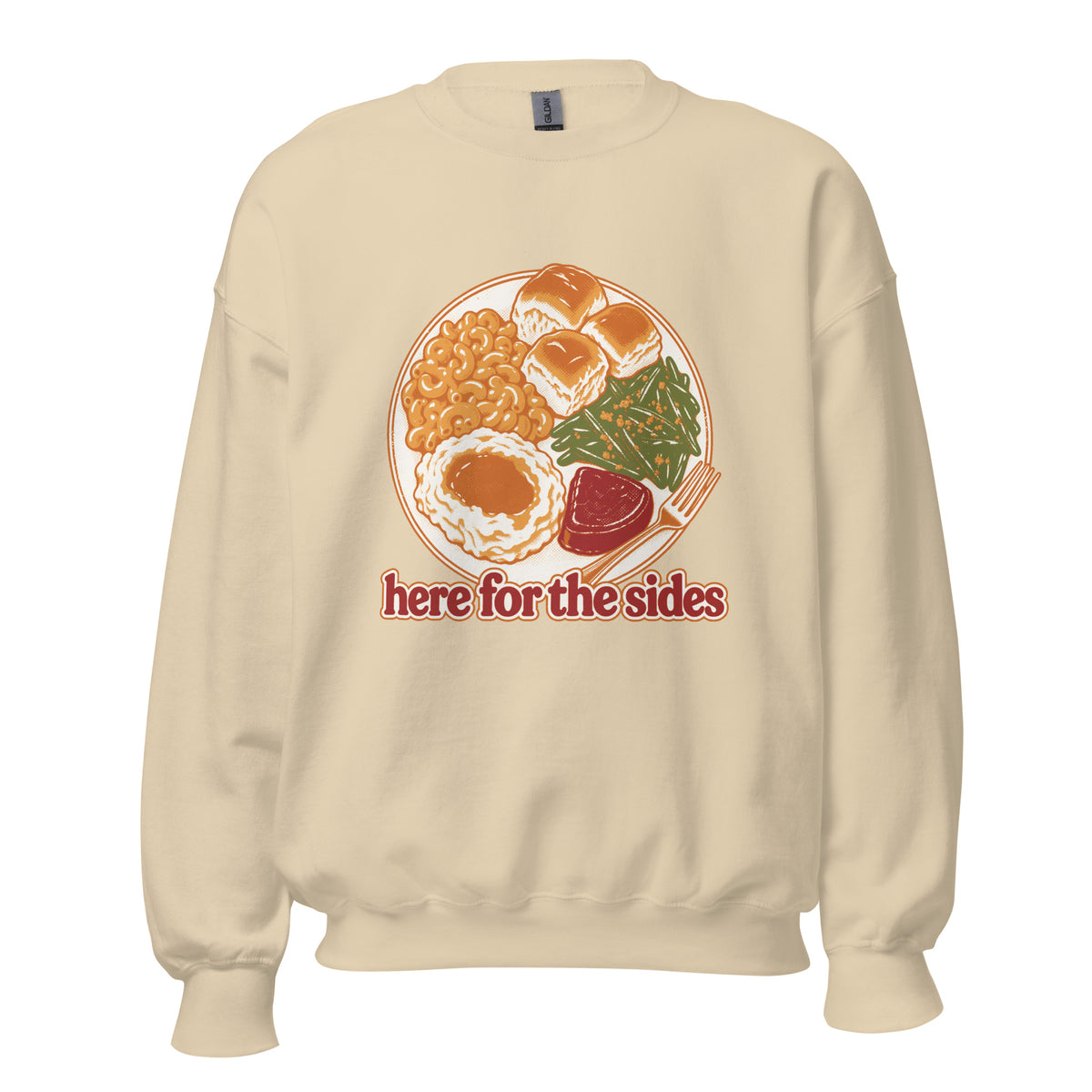 Here for the Sides unisex crewneck in sand with a retro plate of Thanksgiving sides