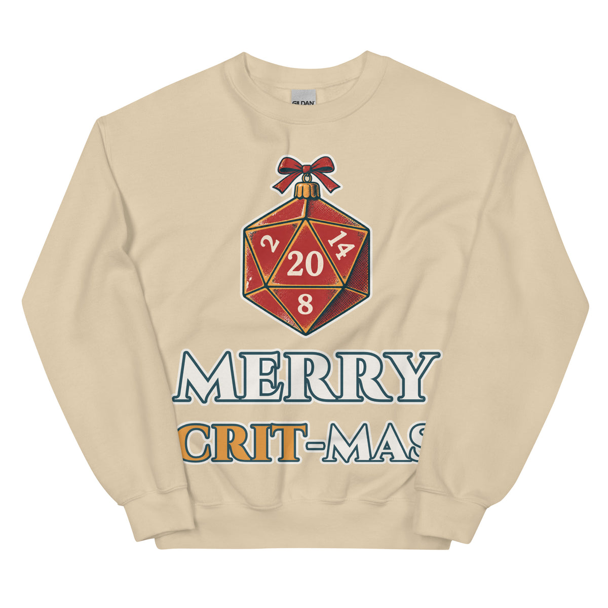 Merry Crit-mas unisex crewneck in sand with a d20 Christmas ornament