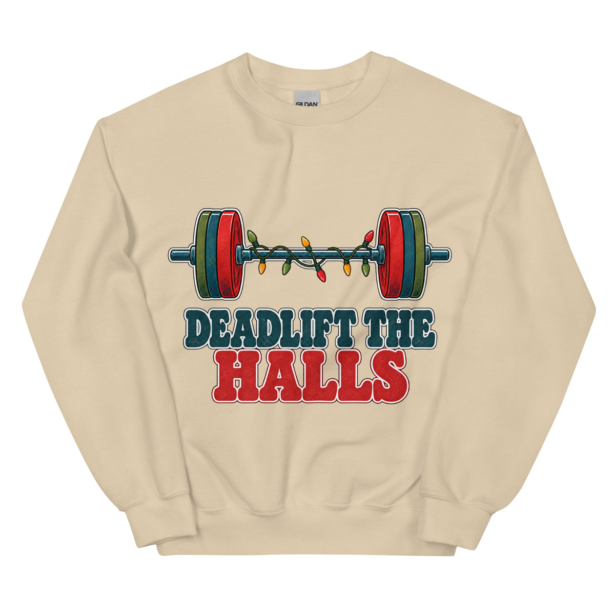 Deadlift the Halls unisex crewneck in sand with a barbell wrapped in Christmas lights