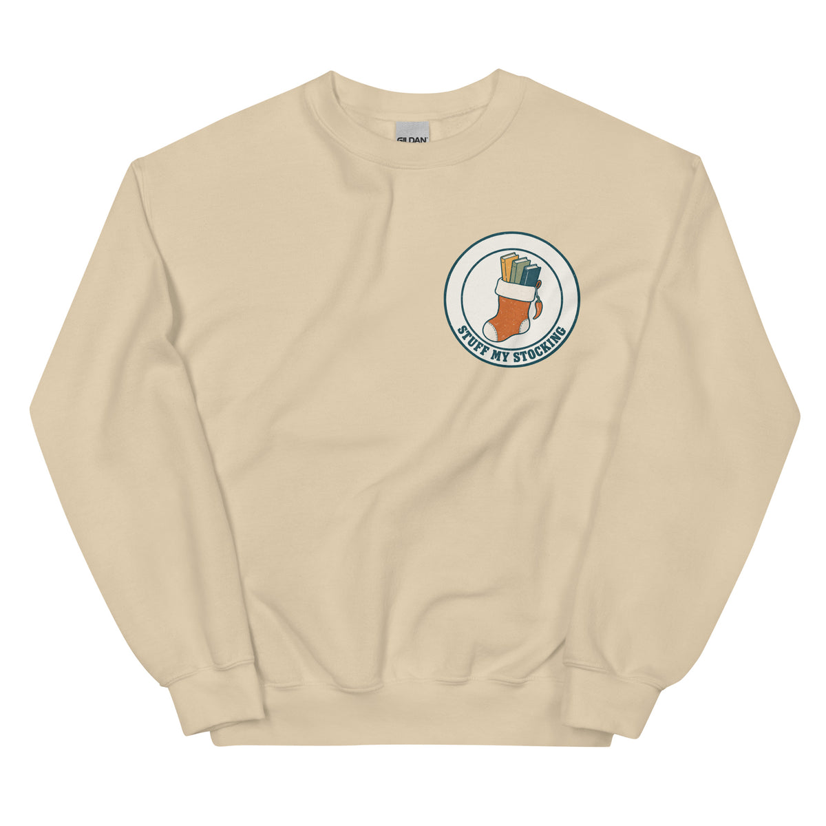 Stuff My Stocking unisex crewneck in sand with a Christmas stocking full of books and a chili pepper charm