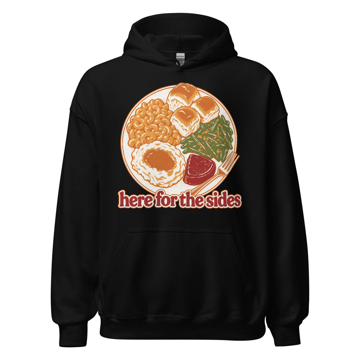 Here for the Sides unisex hoodie in black with a retro plate of Thanksgiving sides