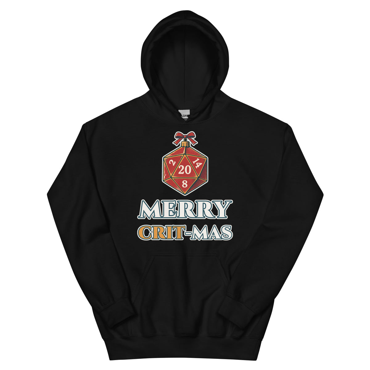 Merry Crit-mas unisex hoodie in black with a d20 Christmas ornament