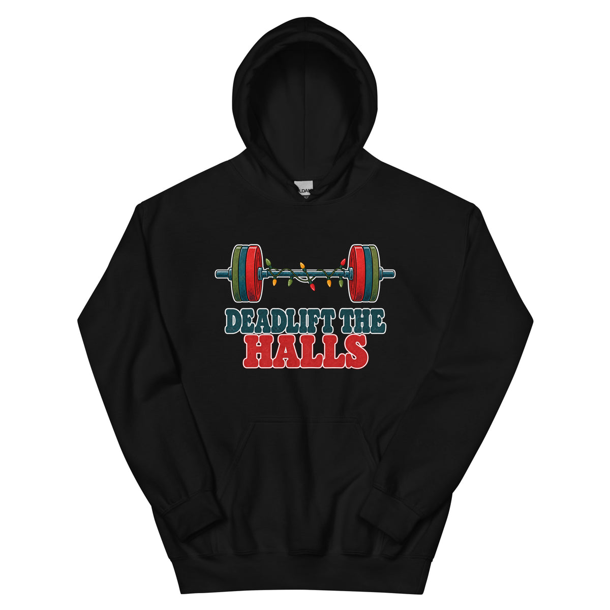 Deadlift the Halls unisex hoodie in black with a barbell wrapped in Christmas lights