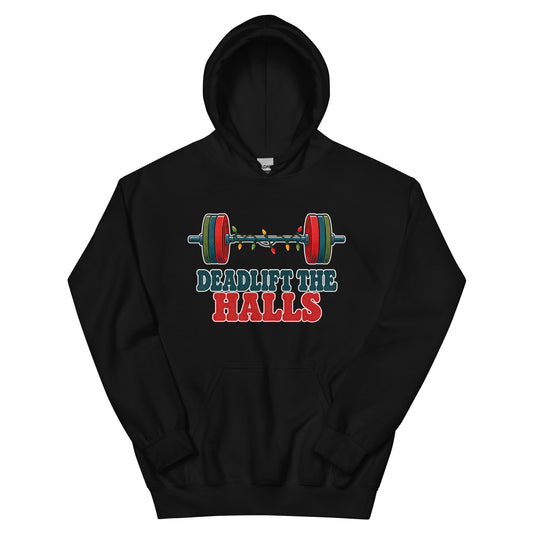 Deadlift the Halls unisex hoodie in black with a barbell wrapped in Christmas lights