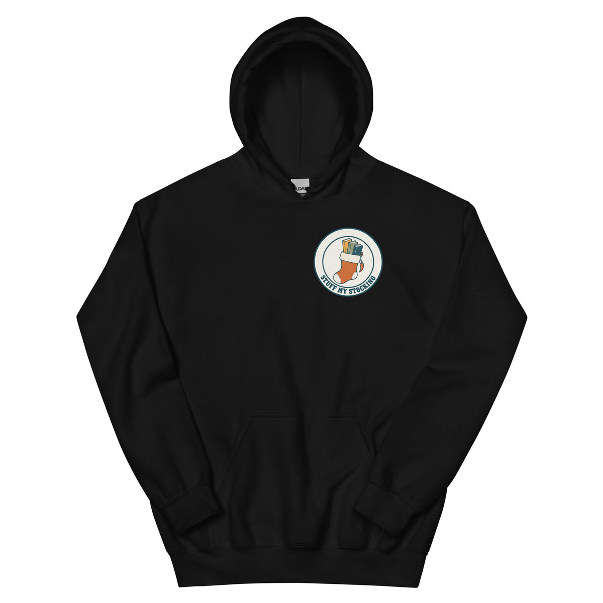 Stuff My Stocking unisex hoodie in black with a Christmas stocking full of books and a chili pepper charm