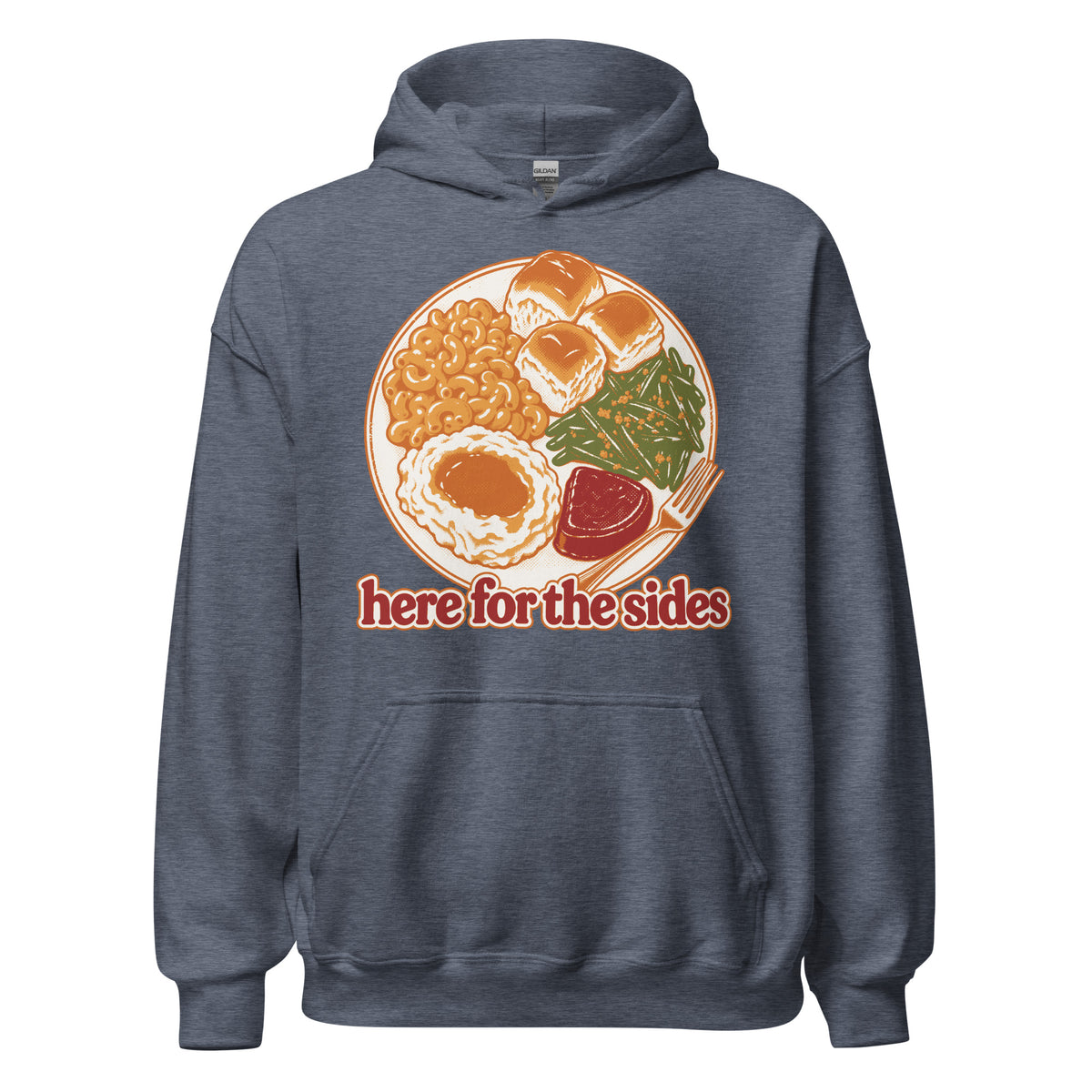 Here for the Sides unisex hoodie in heather sport dark navy with a retro plate of Thanksgiving sides