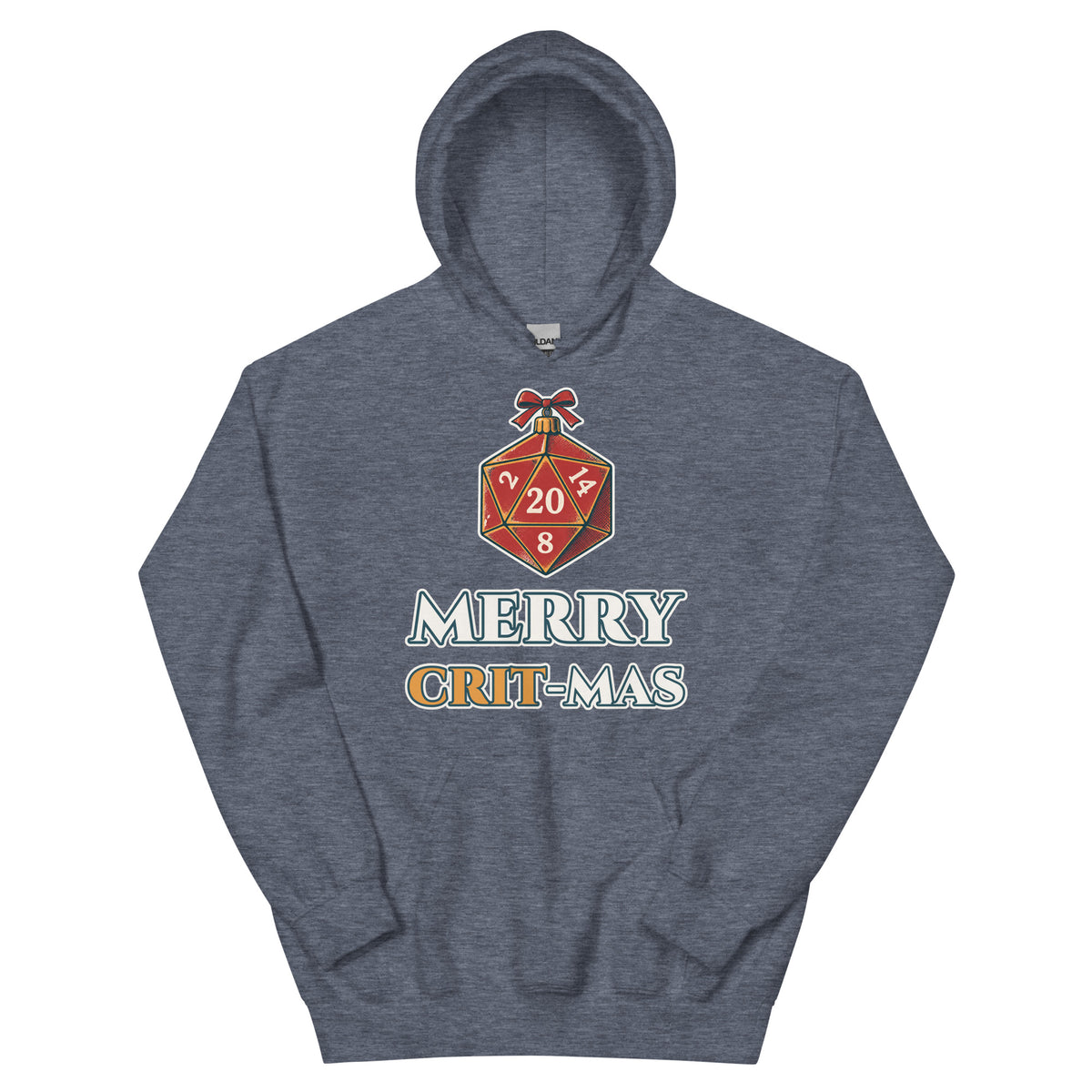 Merry Crit-mas unisex hoodie in heather sport dark navy with a d20 Christmas ornament