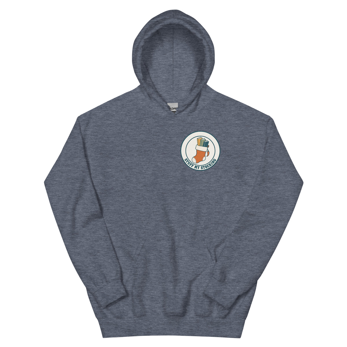 Stuff My Stocking unisex hoodie in heather sport dark navy with a Christmas stocking full of books and a chili pepper charm