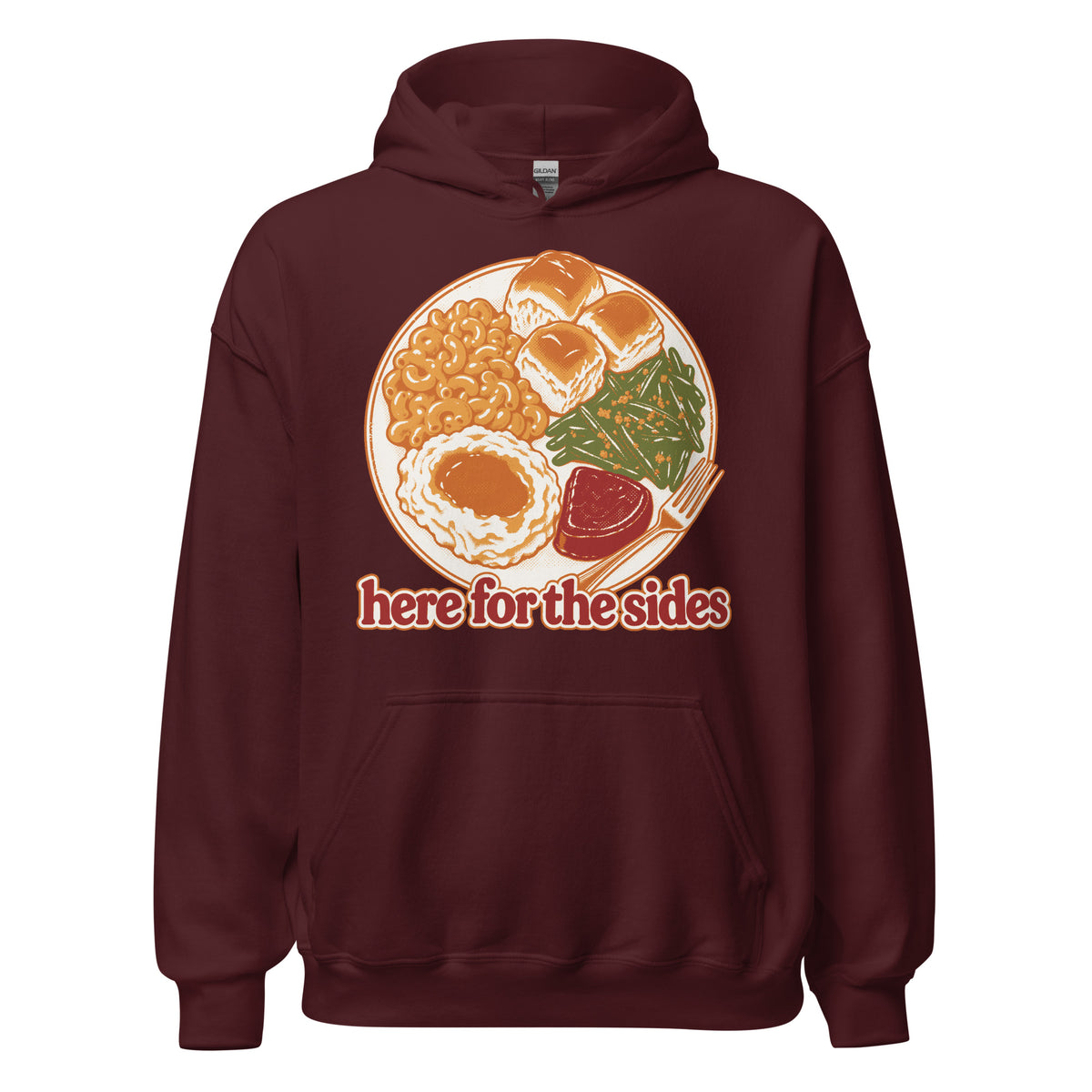 Here for the Sides unisex hoodie in maroon with a retro plate of Thanksgiving sides