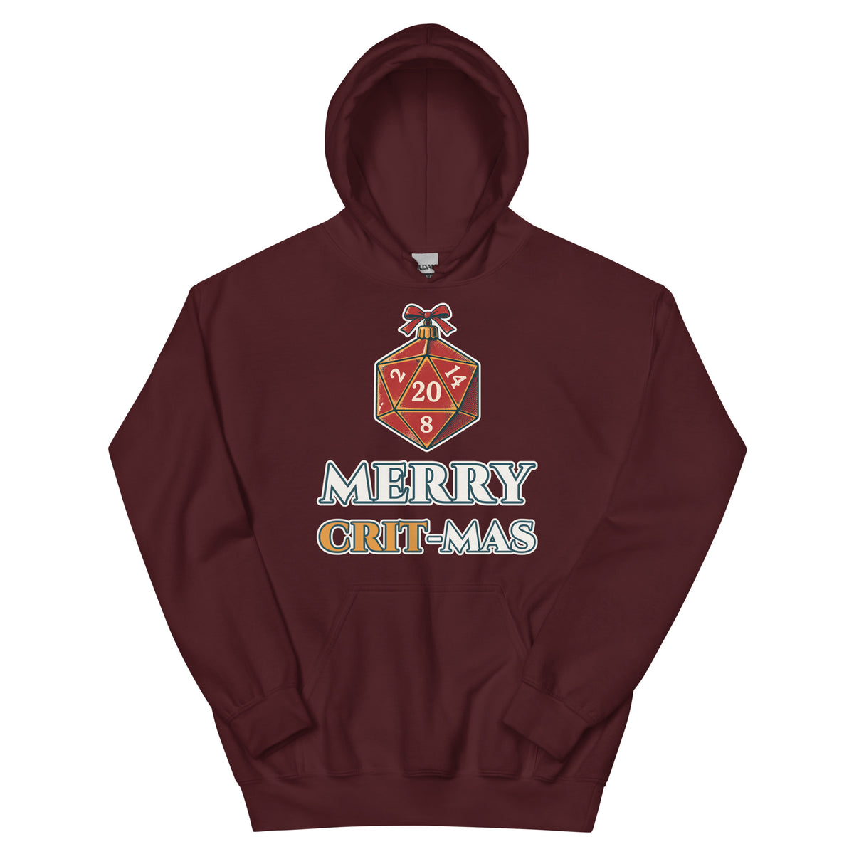 Merry Crit-mas unisex hoodie in maroon with a d20 Christmas ornament