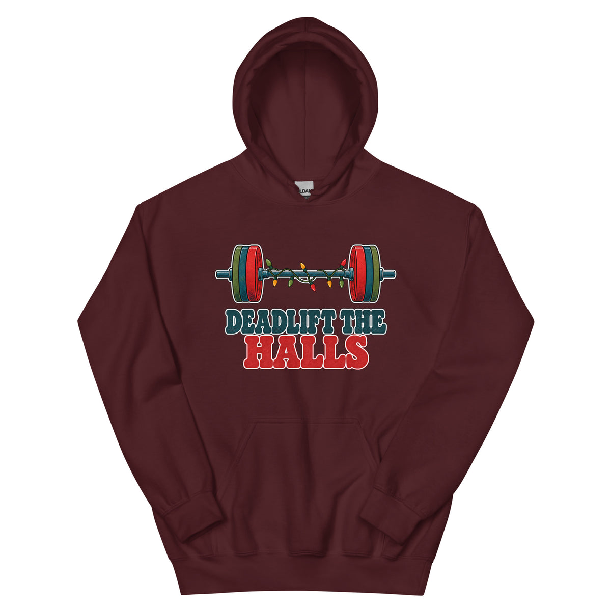 Deadlift the Halls unisex hoodie in maroon with a barbell wrapped in Christmas lights