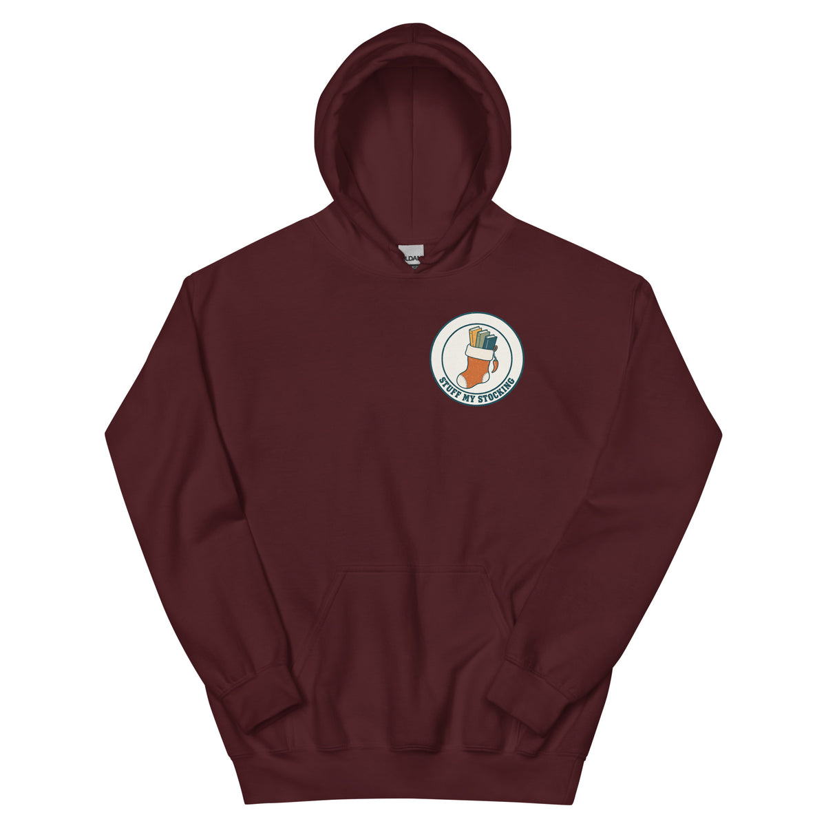 Stuff My Stocking unisex hoodie in maroon with a Christmas stocking full of books and a chili pepper charm