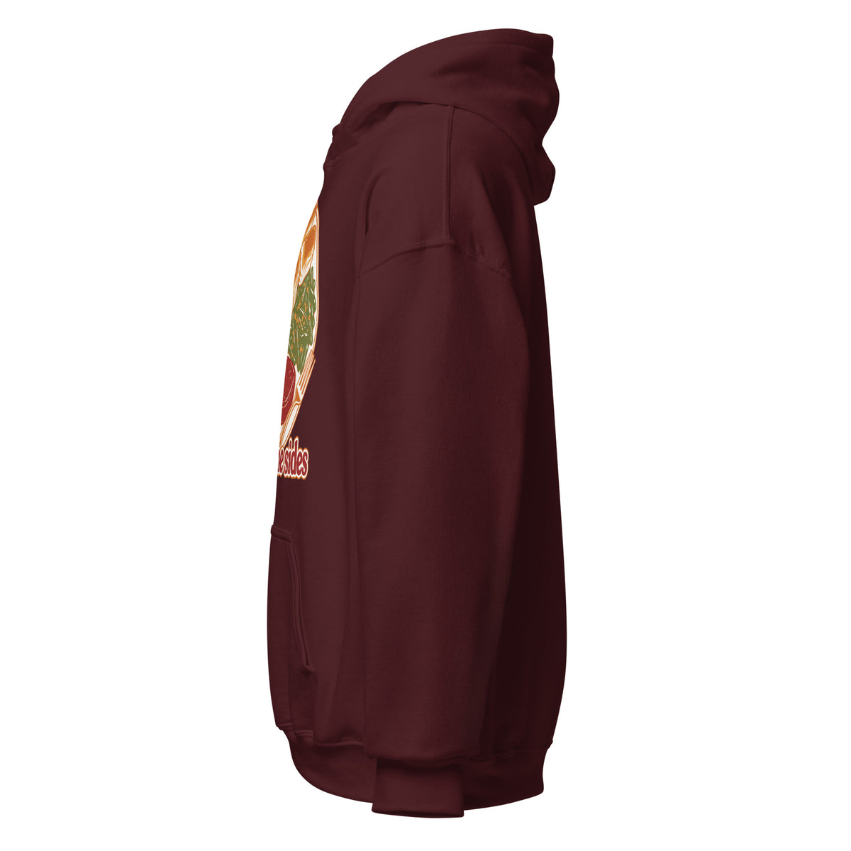 Here for the Sides unisex hoodie in maroon, left side view