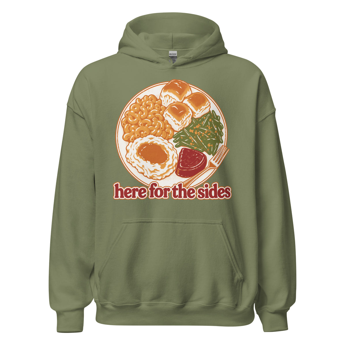 Here for the Sides unisex hoodie in military green with a retro plate of Thanksgiving sides