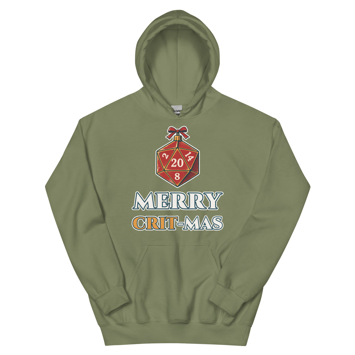 Merry Crit-mas unisex hoodie in military green with a d20 Christmas ornament