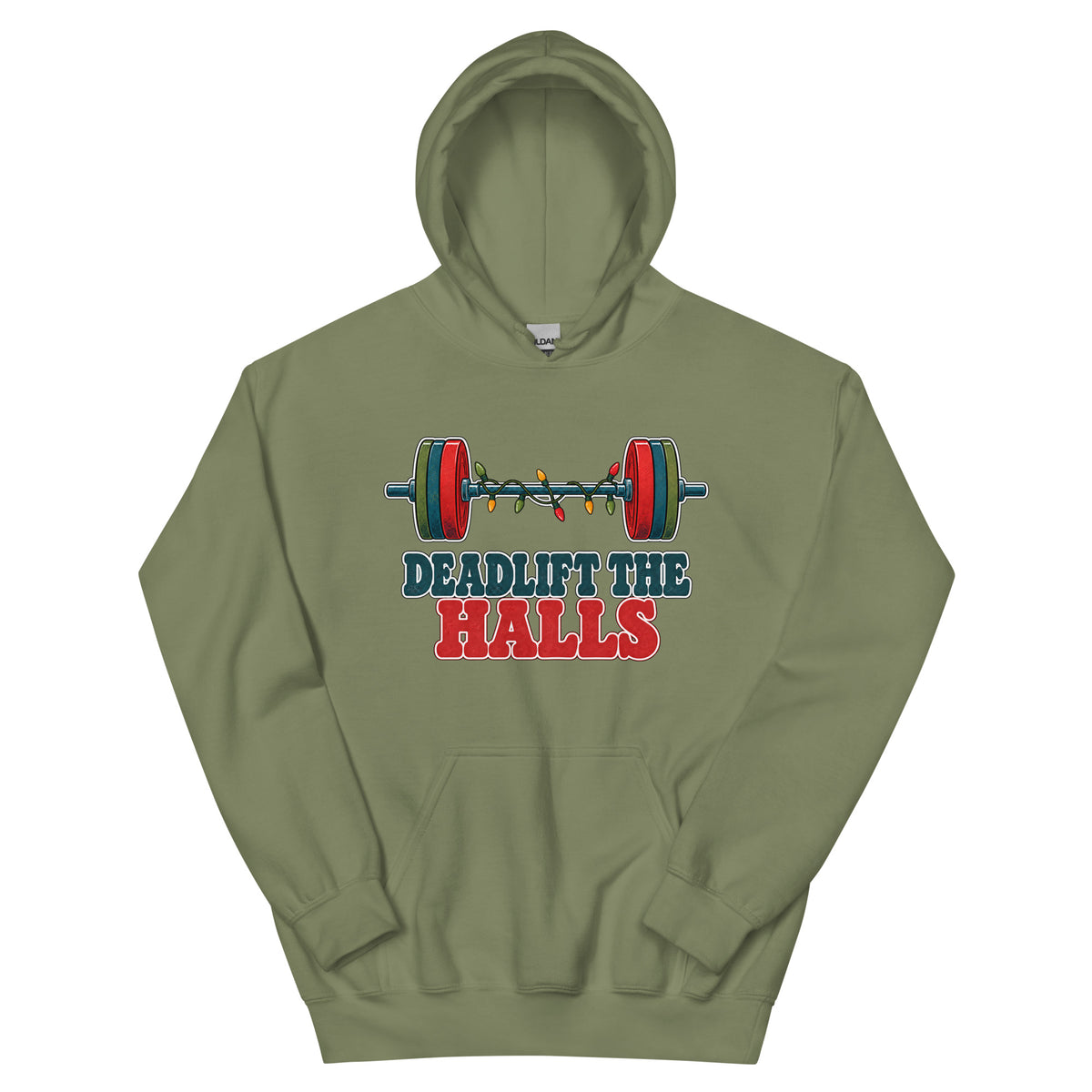 Deadlift the Halls unisex hoodie in military green with a barbell wrapped in Christmas lights
