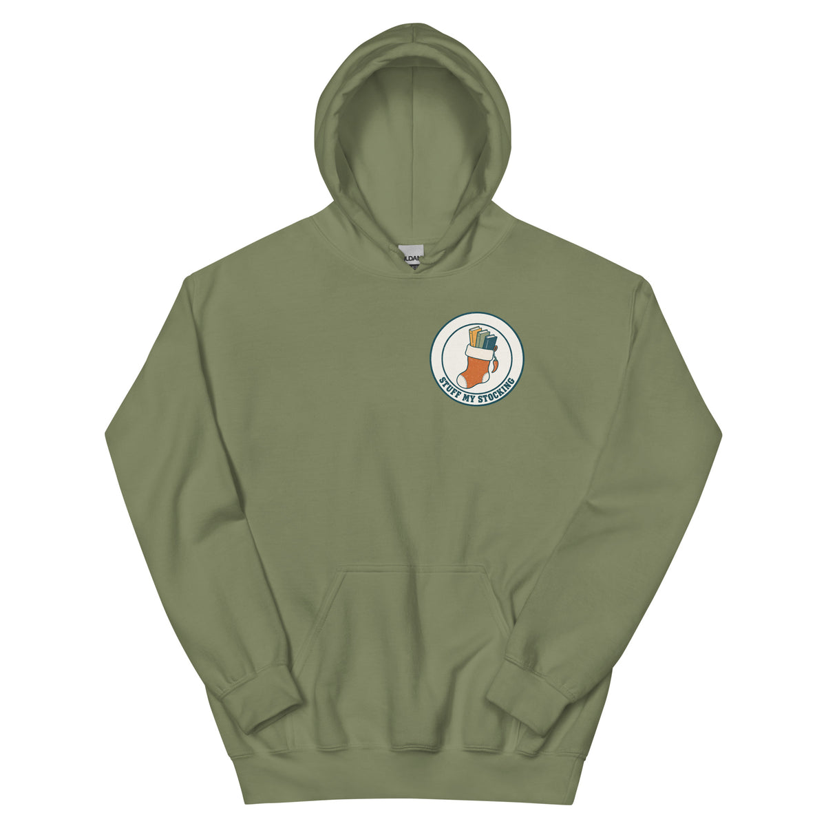Stuff My Stocking unisex hoodie in military green with a Christmas stocking full of books and a chili pepper charm