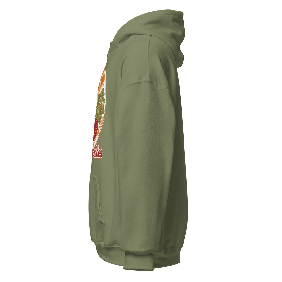 Here for the Sides unisex hoodie in military green, left side view