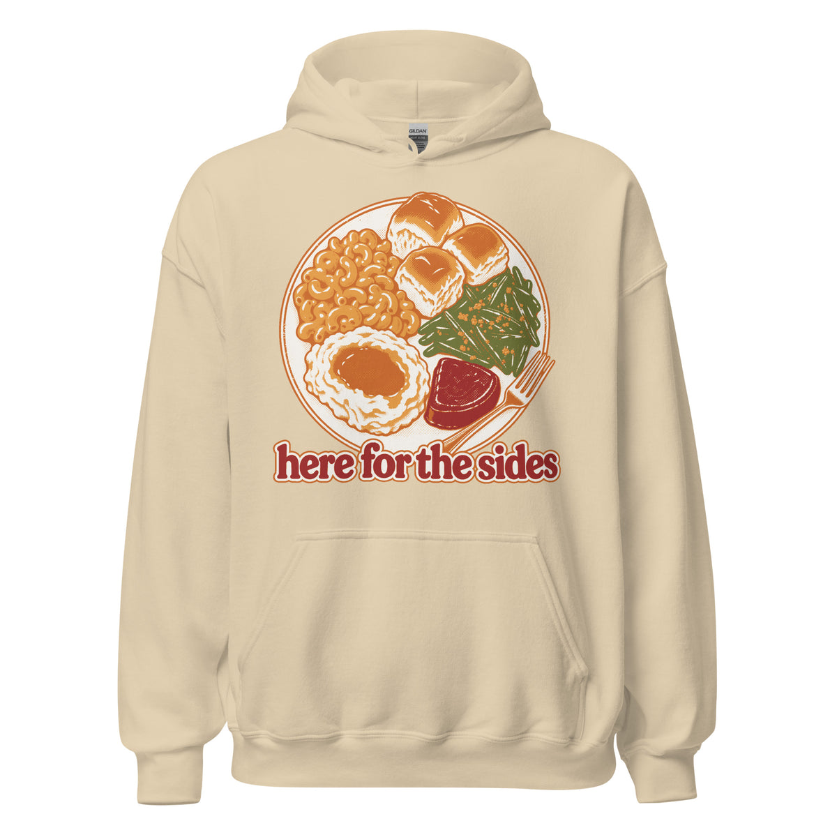 Here for the Sides unisex hoodie in sand with a retro plate of Thanksgiving sides