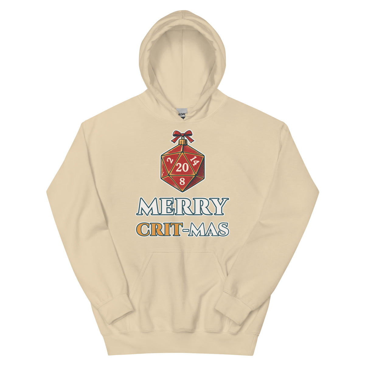 Merry Crit-mas unisex hoodie in sand with a d20 Christmas ornament