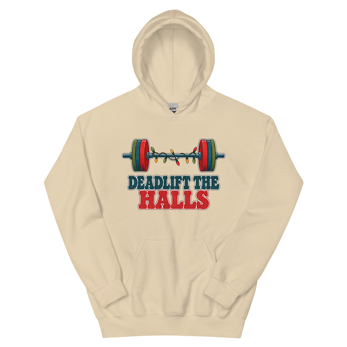 Deadlift the Halls unisex hoodie in sand with a barbell wrapped in Christmas lights