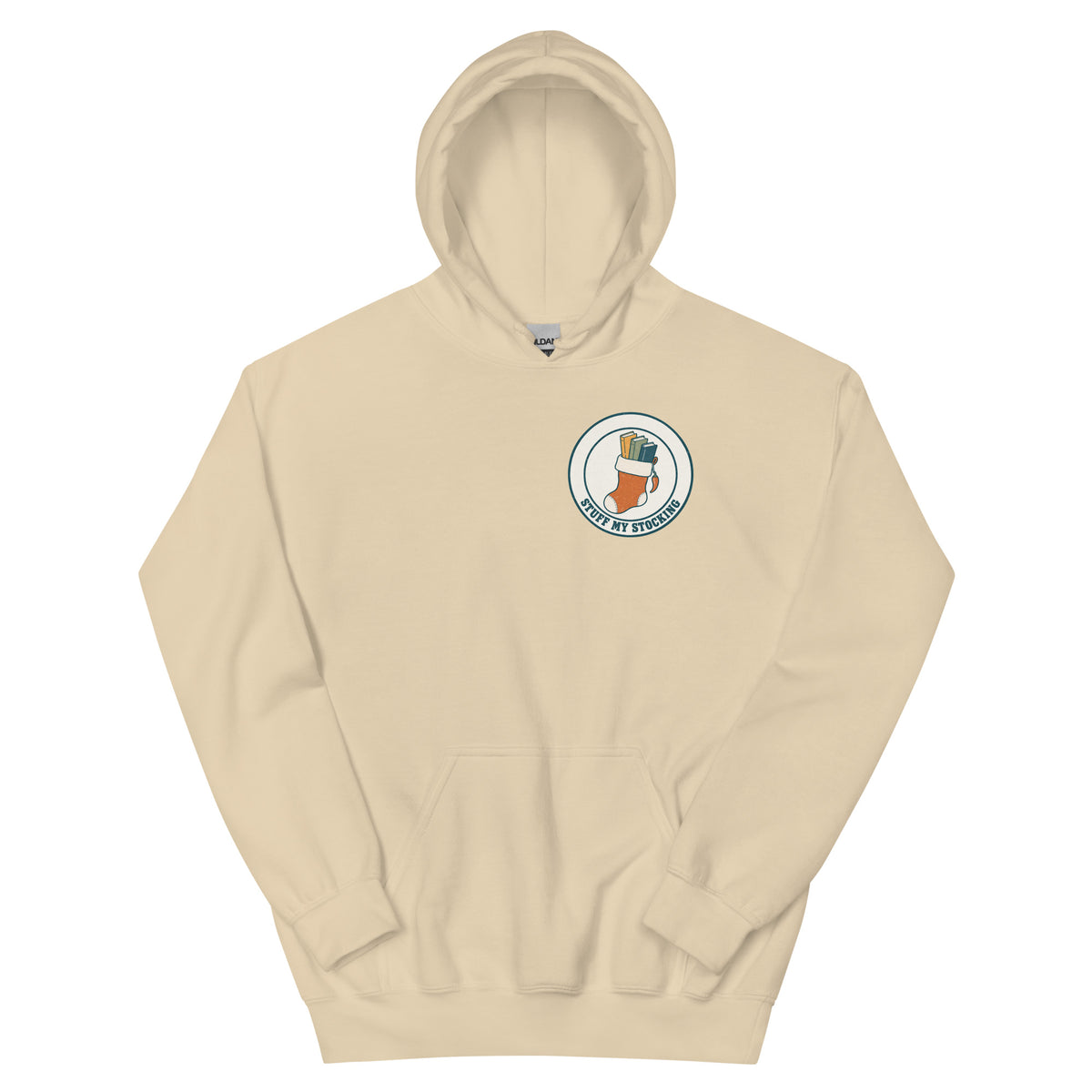 Stuff My Stocking unisex hoodie in sand with a Christmas stocking full of books and a chili pepper charm